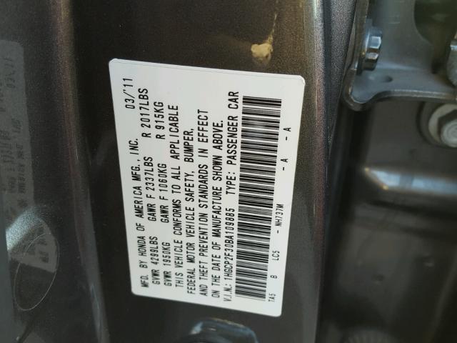 1HGCP2F30BA109885 - 2011 HONDA ACCORD LX GRAY photo 10