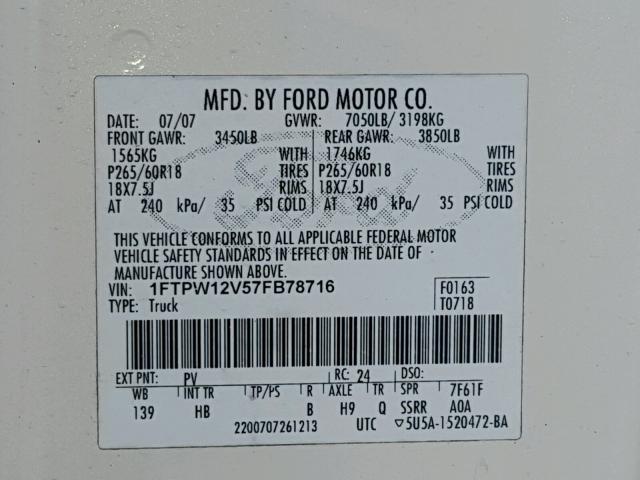 1FTPW12V57FB78716 - 2007 FORD F150 SUPER WHITE photo 10