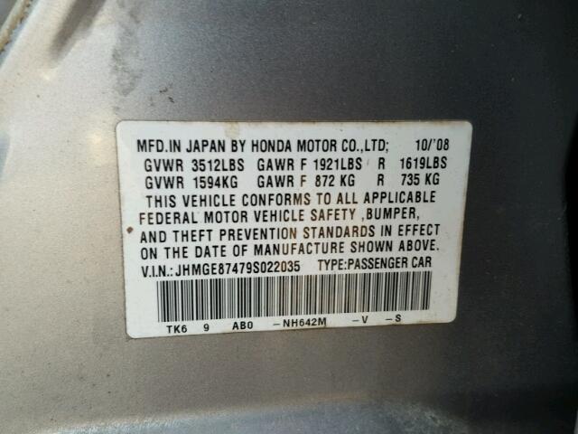 JHMGE87479S022035 - 2009 HONDA FIT SPORT GRAY photo 10