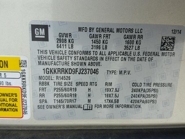 1GKKRRKD9FJ237046 - 2015 GMC ACADIA SLT 金色 照片 10