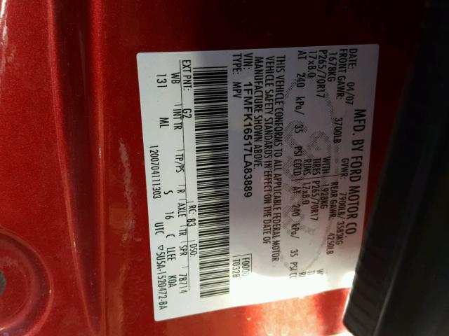 1FMFK16517LA83889 - 2007 FORD EXPEDITION RED photo 10