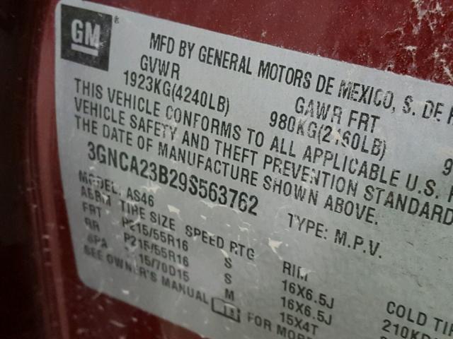 3GNCA23B29S563762 - 2009 CHEVROLET HHR RED photo 10