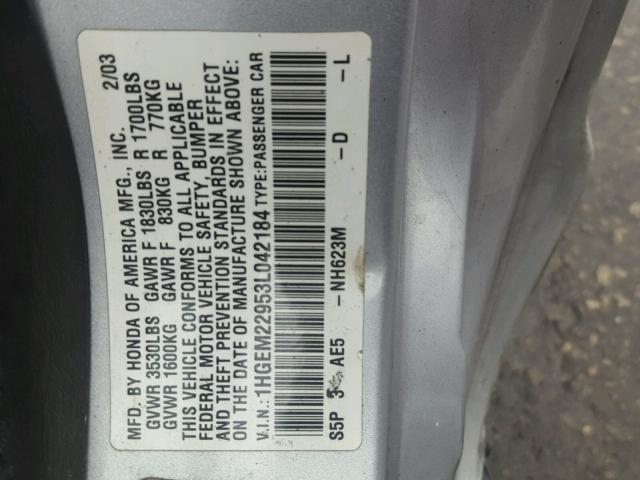 1HGEM22953L042184 - 2003 HONDA CIVIC EX 银色 照片 10