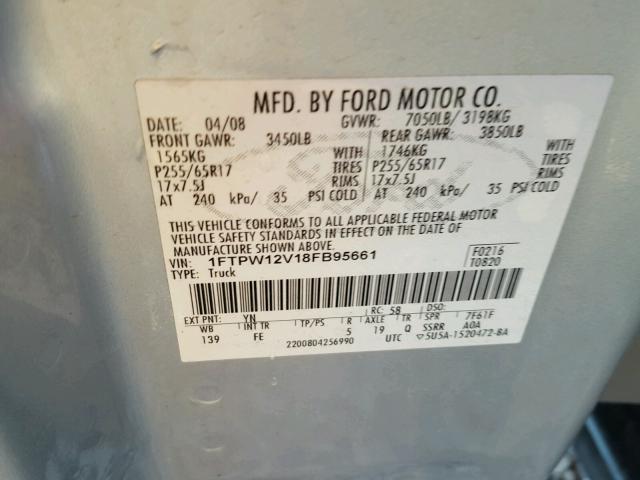 1FTPW12V18FB95661 - 2008 FORD F150 SUPER SILVER photo 10