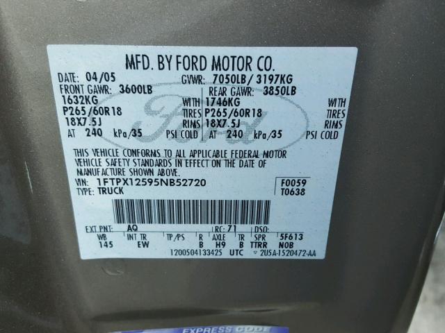 1FTPX12595NB52720 - 2005 FORD F150 GOLD photo 10