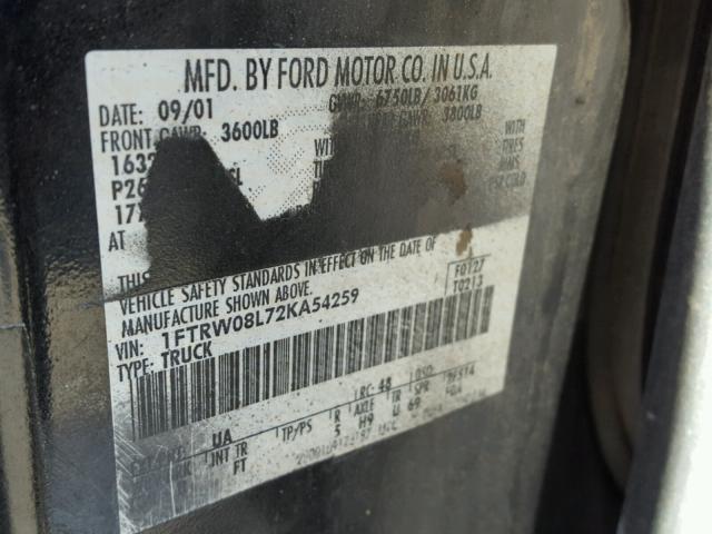 1FTRW08L72KA54259 - 2002 FORD F150 BLACK photo 10