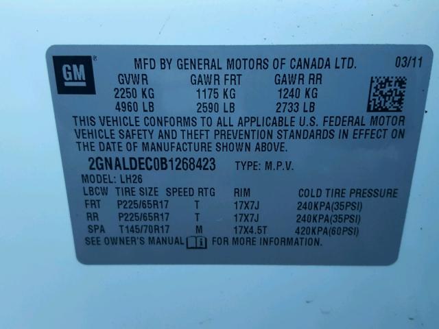 2GNALDEC0B1268423 - 2011 CHEVROLET EQUINOX WHITE photo 10