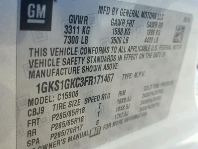 1GKS1GKC3FR171467 - 2015 GMC YUKON XL C SILVER photo 10