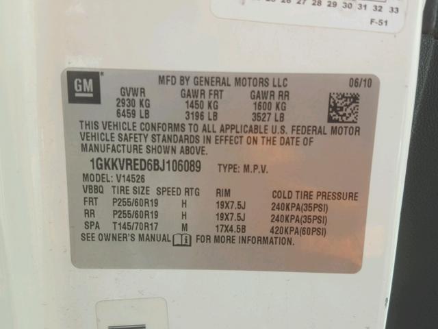 1GKKVRED6BJ106089 - 2011 GMC ACADIA SLT 白色 照片 10