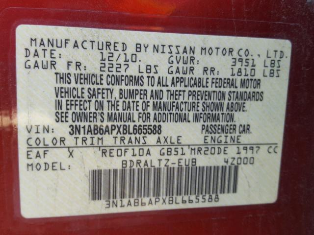 3N1AB6APXBL665588 - 2011 NISSAN SENTRA RED photo 10