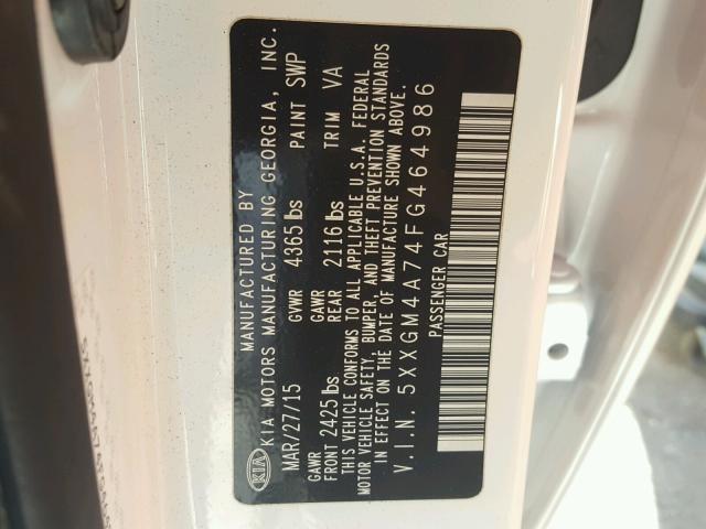 5XXGM4A74FG464986 - 2015 KIA OPTIMA WHITE photo 10