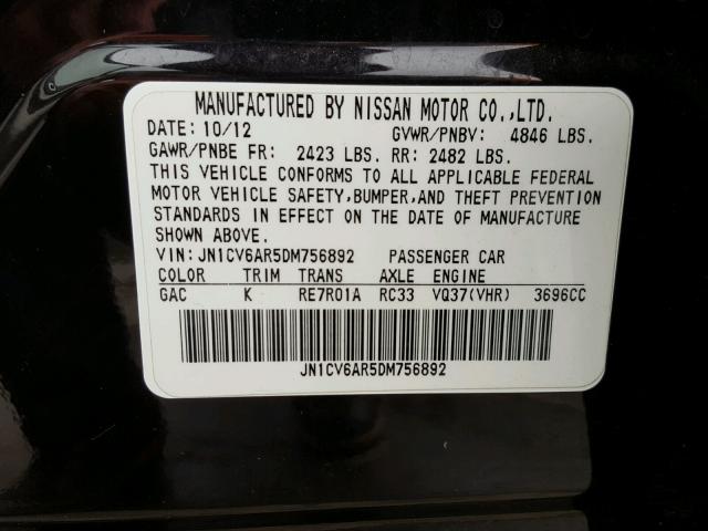 JN1CV6AR5DM756892 - 2013 INFINITI G37 BLACK photo 10