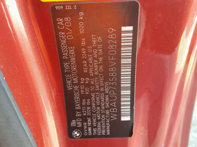 WBAUP73588VF08289 - 2008 BMW 128 I RED photo 10