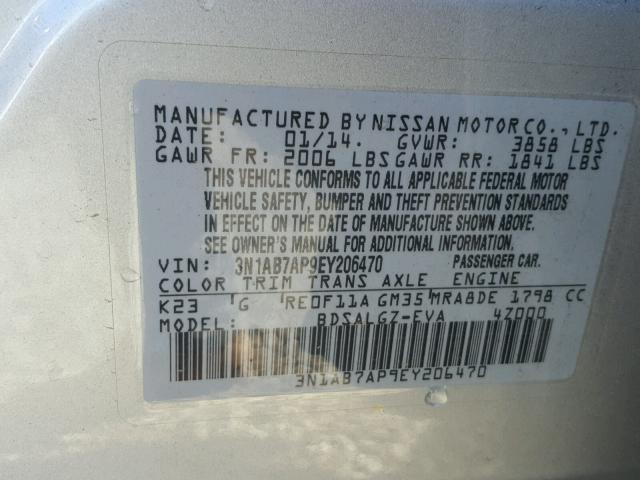 3N1AB7AP9EY206470 - 2014 NISSAN SENTRA S SILVER photo 10