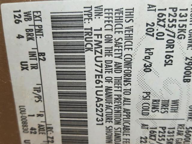 1FMZU77E61UA52731 - 2001 FORD EXPLORER S GOLD photo 10