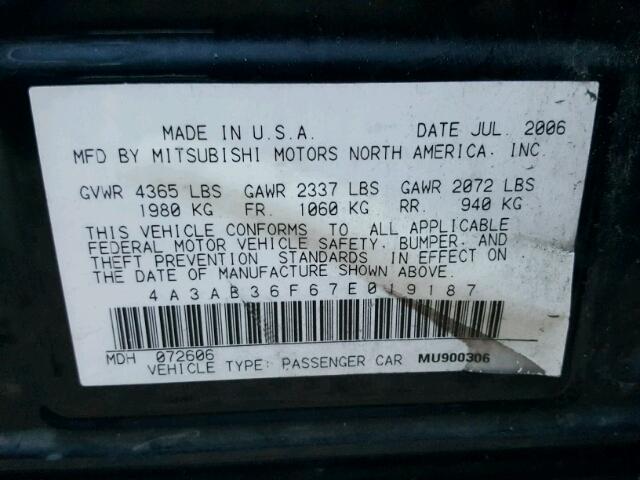 4A3AB36F67E019187 - 2007 MITSUBISHI GALANT ES BLACK photo 10