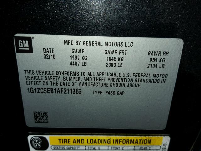 1G1ZC5EB1AF211365 - 2010 CHEVROLET MALIBU 1LT CHARCOAL photo 10