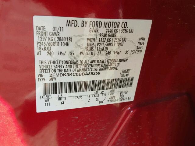 2FMDK3KC0BBA85259 - 2011 FORD EDGE RED photo 10
