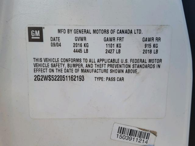 2G2WS522051162193 - 2005 PONTIAC GRAND PRIX WHITE photo 10