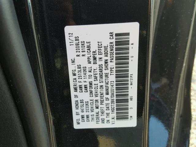 1HGCT2B87DA001473 - 2013 HONDA ACCORD EXL BLACK photo 10