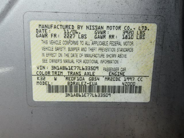 3N1AB61E77L633509 - 2007 NISSAN SENTRA 2.0 GOLD photo 10