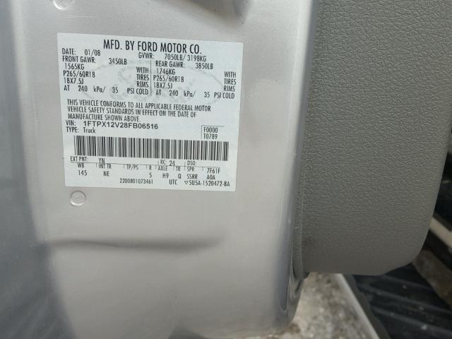 1FTPX12V28FB06516 - 2008 FORD F150 SILVER photo 10