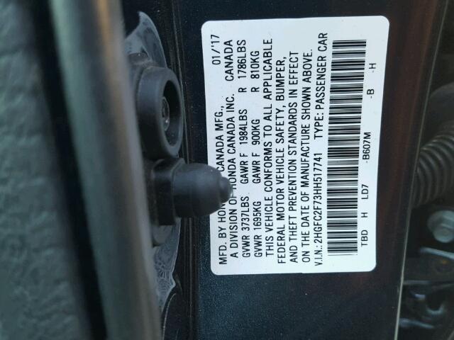 2HGFC2F73HH517741 - 2017 HONDA CIVIC EX ნაცრისფერი ფოტო 10