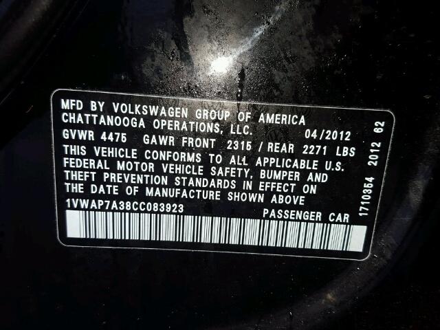 1VWAP7A38CC083923 - 2012 VOLKSWAGEN PASSAT S BLACK photo 10