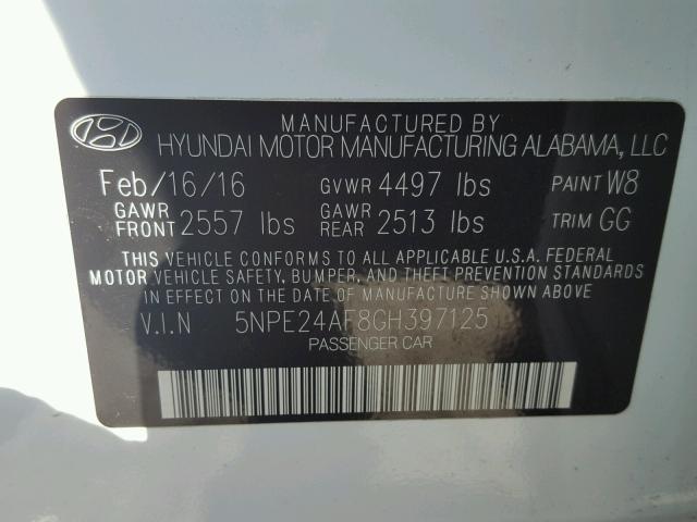 5NPE24AF8GH397125 - 2016 HYUNDAI SONATA SE WHITE photo 10