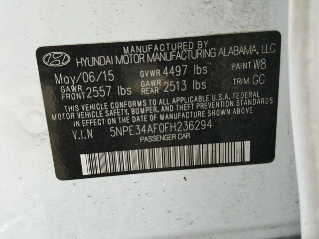 5NPE34AF0FH236294 - 2015 HYUNDAI SONATA SPO WHITE photo 10