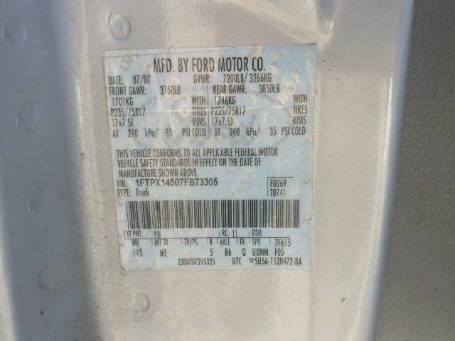 1FTPX14507FB73305 - 2007 FORD F150 SILVER photo 10