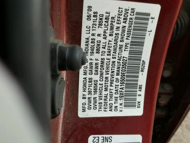 19XFA16509E035027 - 2009 HONDA CIVIC LX RED photo 10