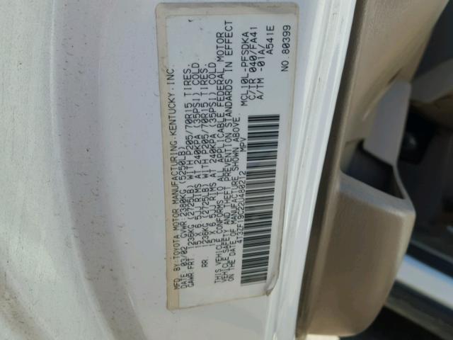 4T3ZF19C22U480212 - 2002 TOYOTA SIENNA CE WHITE photo 10