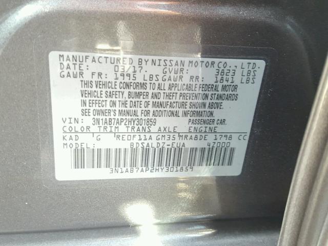 3N1AB7AP2HY301859 - 2017 NISSAN SENTRA S GRAY photo 10