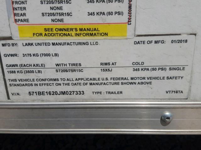 571BE1620JM027333 - 2018 ALLOY TRAILER TRAILER WHITE photo 10