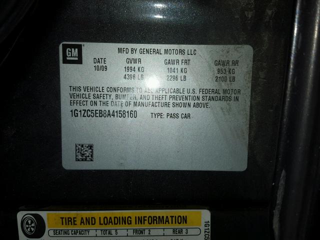 1G1ZC5EB8A4158160 - 2010 CHEVROLET MALIBU 1LT GRAY photo 10