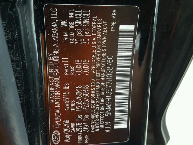 5NMSH13E77H028760 - 2007 HYUNDAI SANTA FE S BLACK photo 10