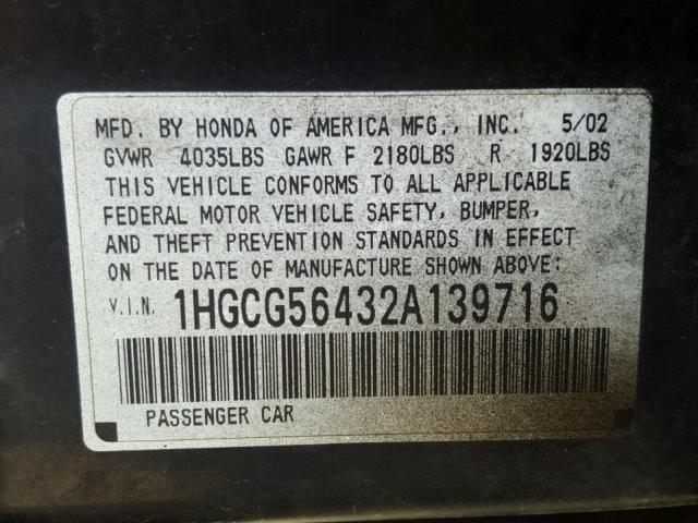 1HGCG56432A139716 - 2002 HONDA ACCORD LX BLACK photo 10