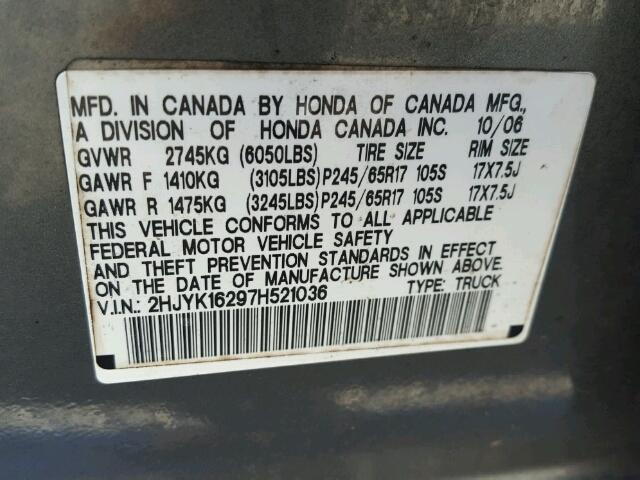 2HJYK16297H521036 - 2007 HONDA RIDGELINE GRAY photo 10