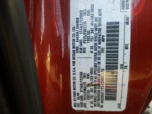 4N2XN11T3YD800470 - 2000 NISSAN QUEST SE RED photo 10