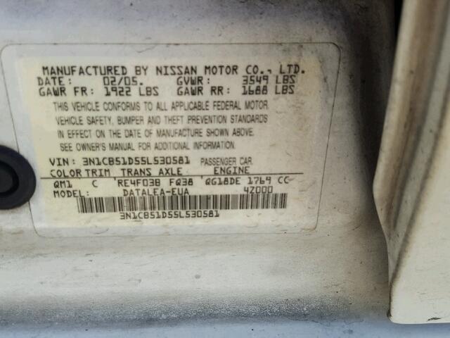 3N1CB51D55L530581 - 2005 NISSAN SENTRA 1.8 WHITE photo 10