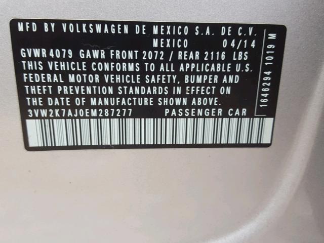 3VW2K7AJ0EM287277 - 2014 VOLKSWAGEN JETTA BASE SILVER photo 10