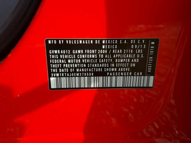 3VW1K7AJ0EM376598 - 2014 VOLKSWAGEN JETTA BASE 红色 照片 10