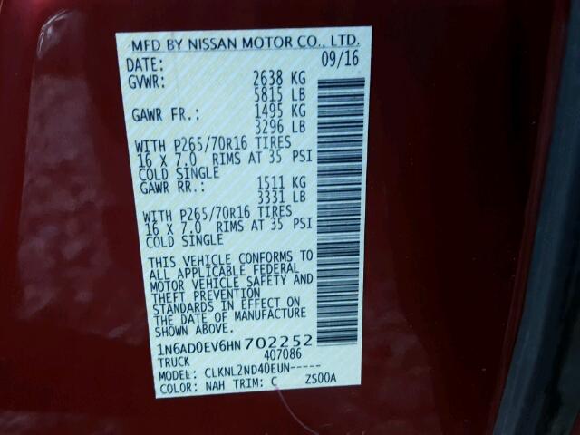 1N6AD0EV6HN702252 - 2017 NISSAN FRONTIER S RED photo 10