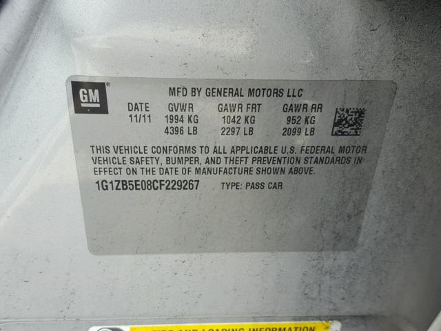 1G1ZB5E08CF229267 - 2012 CHEVROLET MALIBU LS SILVER photo 10