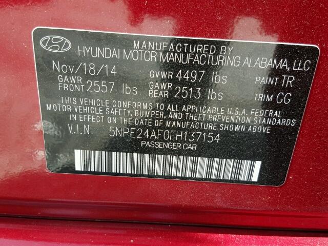 5NPE24AF0FH137154 - 2015 HYUNDAI SONATA SE RED photo 10