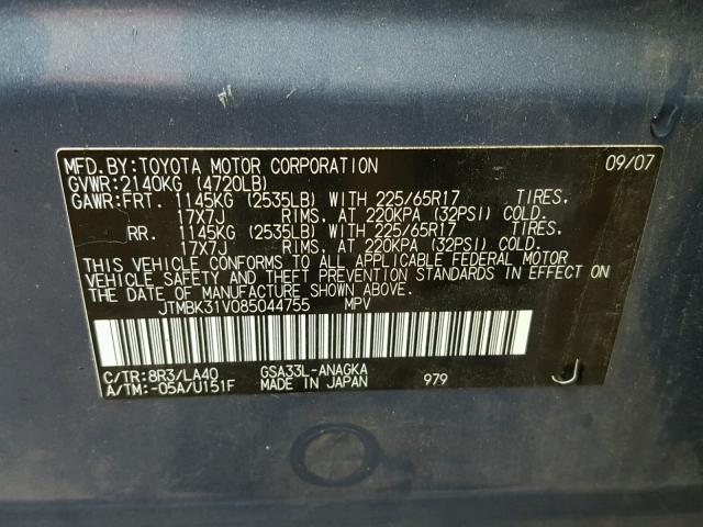 JTMBK31V085044755 - 2008 TOYOTA RAV4 LIMIT BLUE photo 10