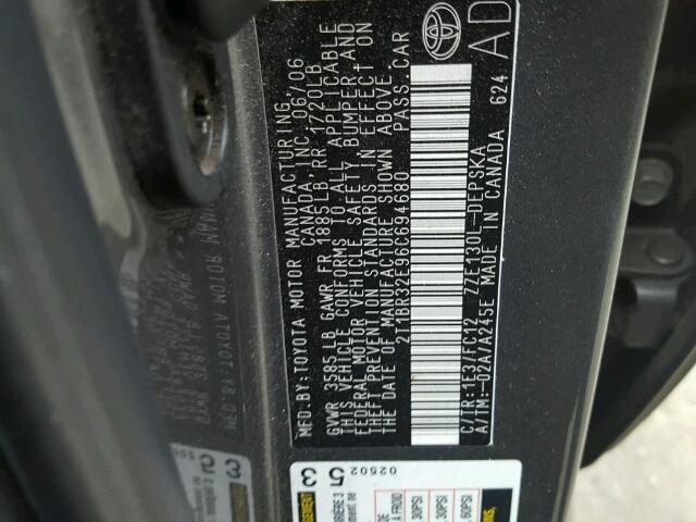 2T1BR32E96C694680 - 2006 TOYOTA COROLLA CE GRAY photo 10