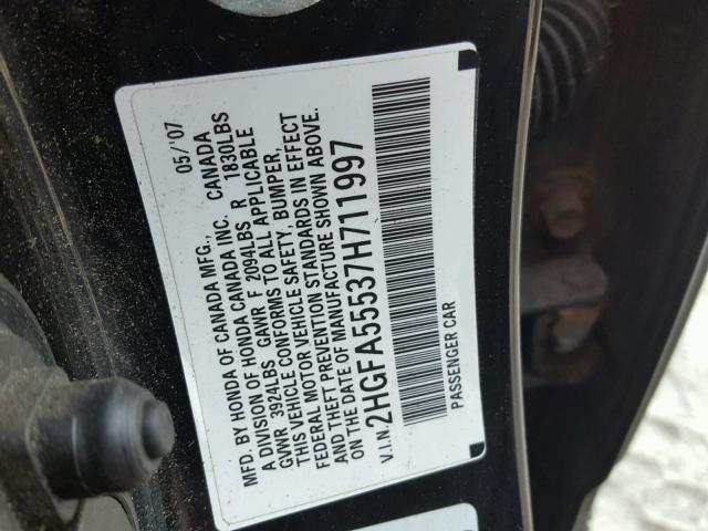 2HGFA55537H711997 - 2007 HONDA CIVIC SI BLACK photo 10