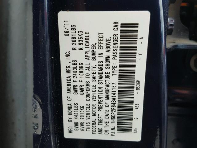 1HGCP2F84BA141167 - 2011 HONDA ACCORD EXL BLUE photo 10